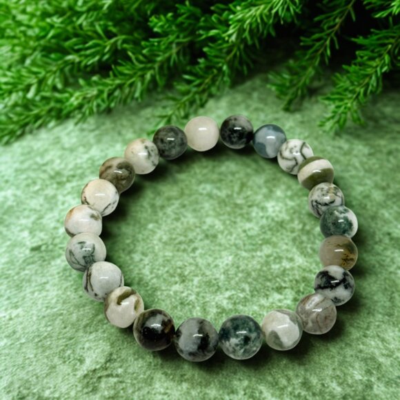 Green Tree Agate Gemstone Bracelet 8MM | Handmade Crystal Healing Jewelry - Picture 4 of 10
